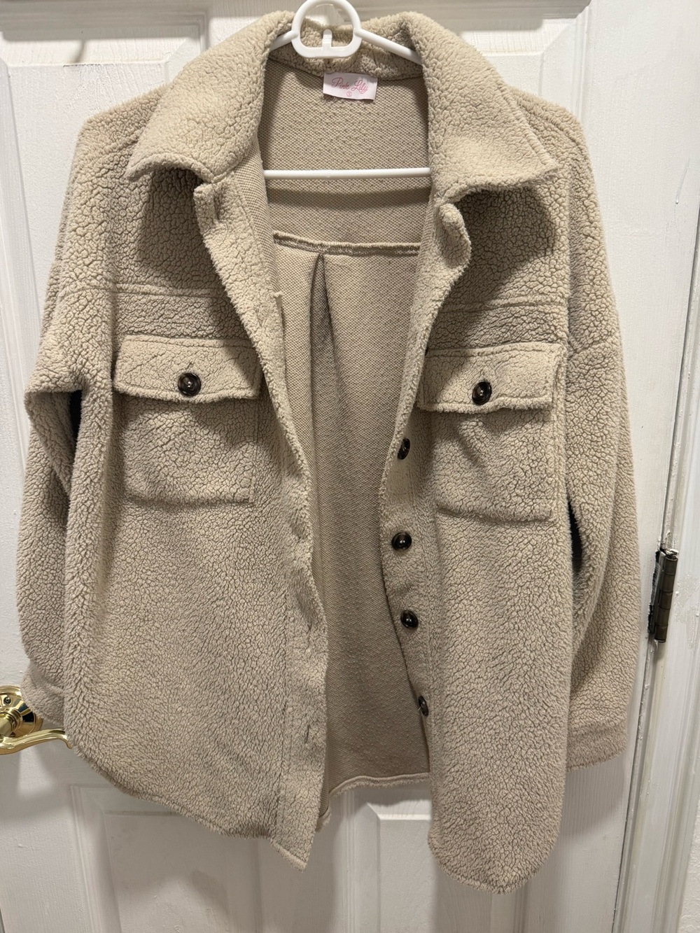 Pink Lily Beige Sherpa Button-Up Jacket